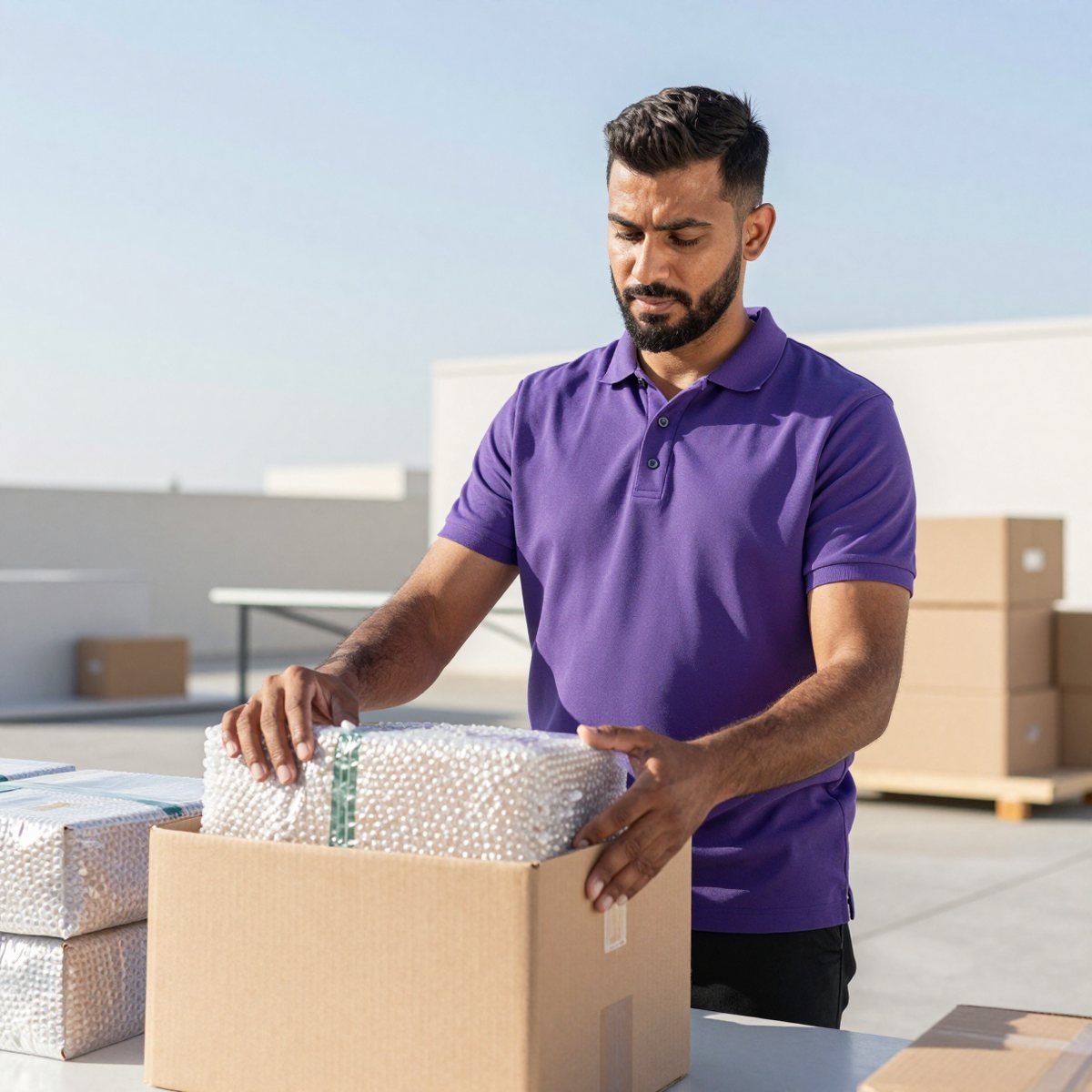 Oreem packer wrapping an order in bubble wrap before sealing the box in Bahrain