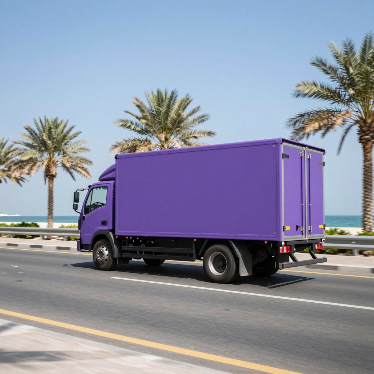 Oreem purple delivery truck for international shipping from Bahrain to the GCC