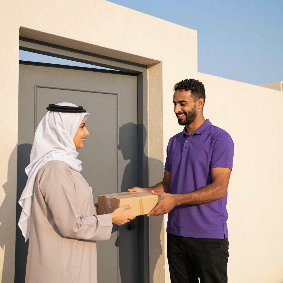 Oreem courier handing a packed order to a customer at her villa door in Bahrain