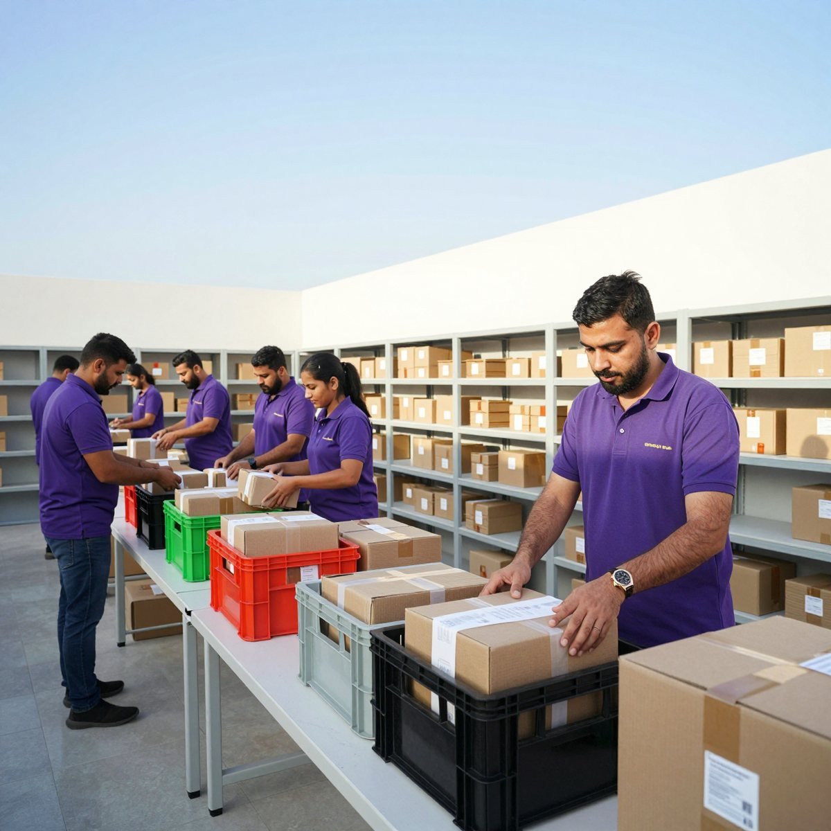Oreem packing team preparing customer orders in crates at the Bahrain warehouse