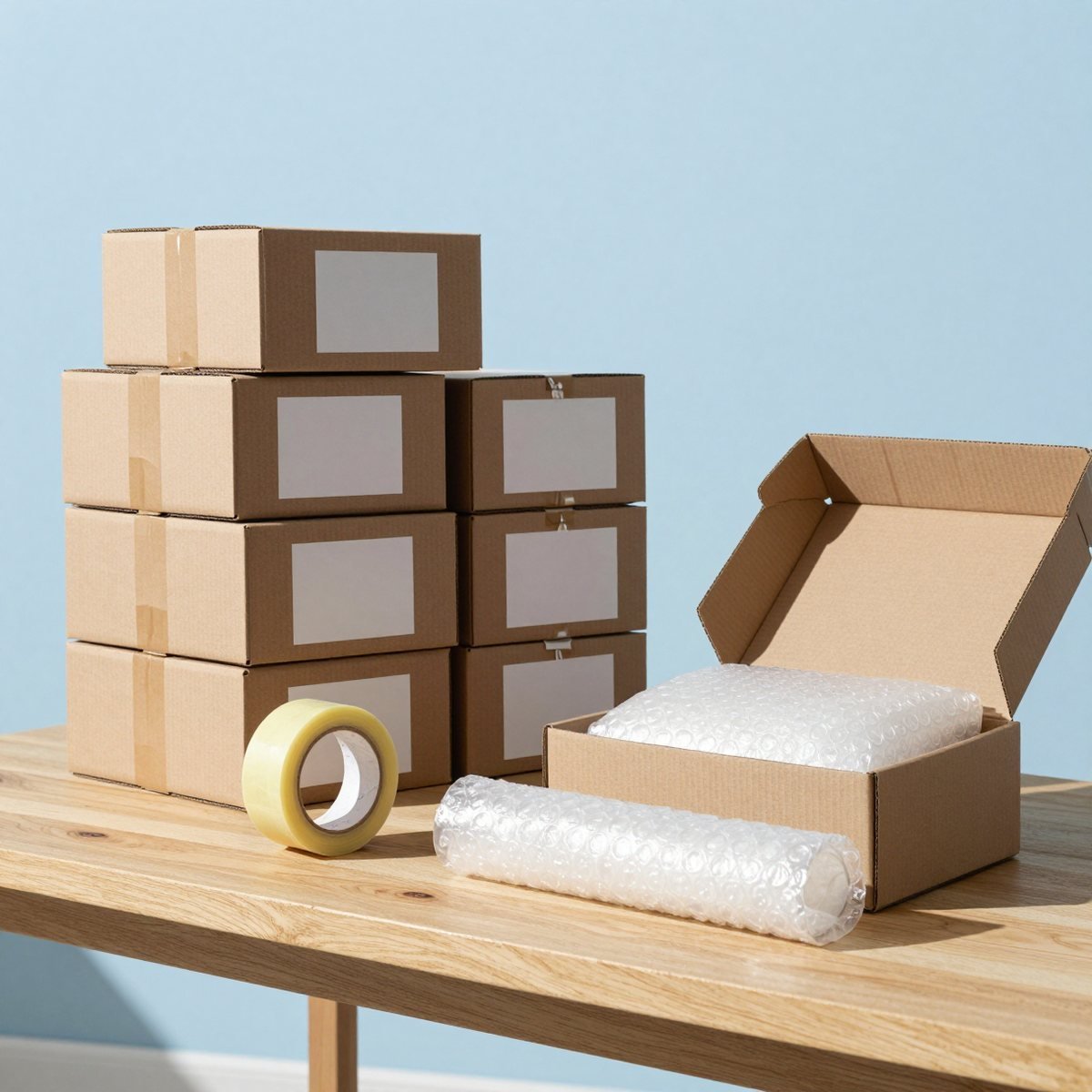 Shipping boxes, bubble wrap and packing tape ready for protective order packaging