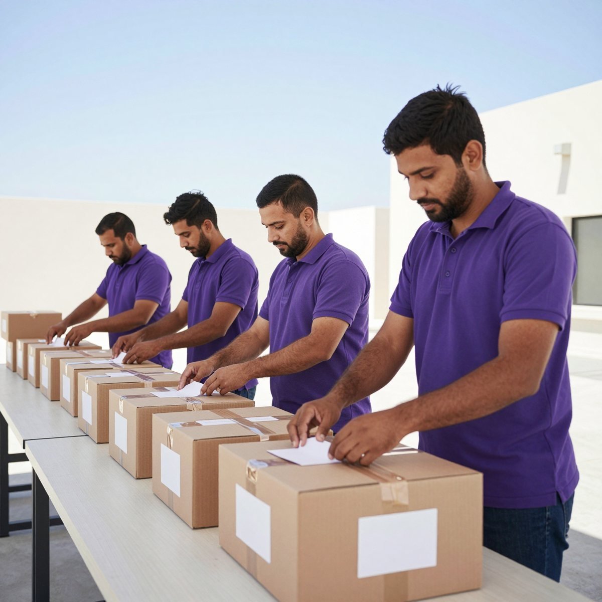 Oreem team labelling packed order cartons on a packing table in Bahrain