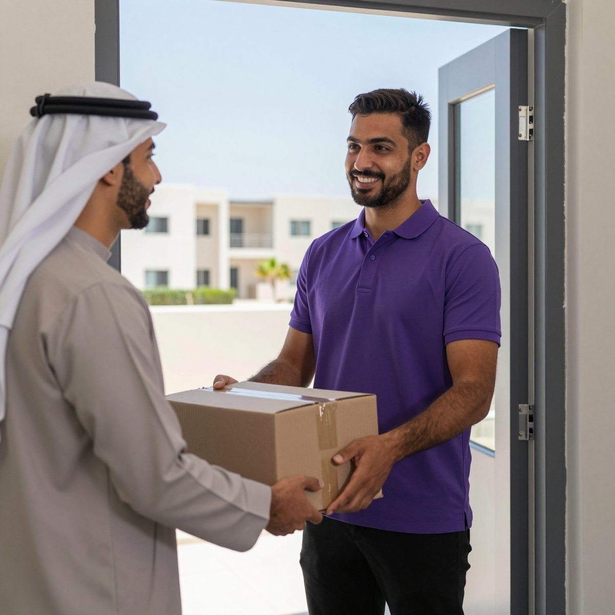 Oreem delivering a Turkey parcel to a door in Bahrain