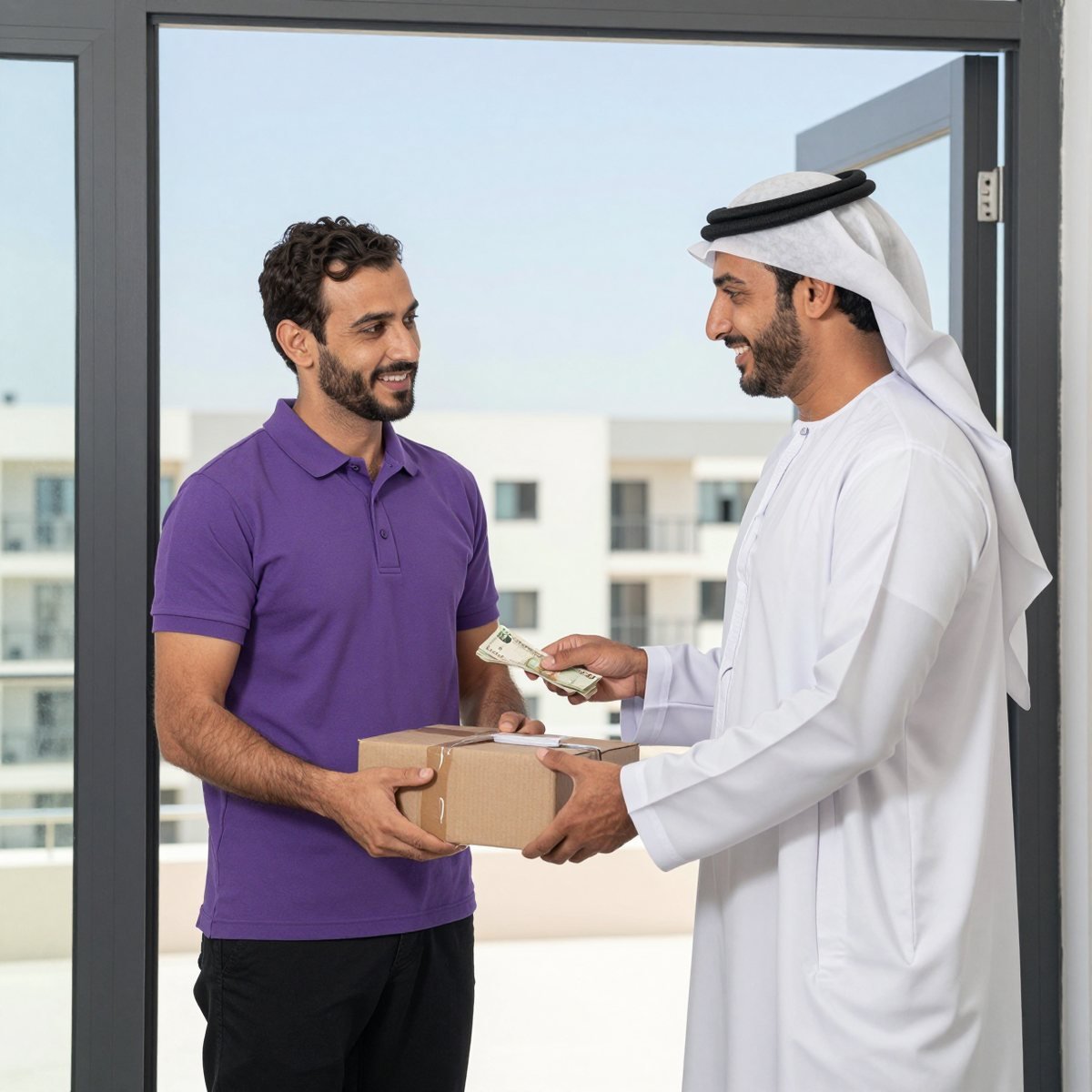 Oreem courier delivering a UK parcel to a door in Bahrain with cash on delivery