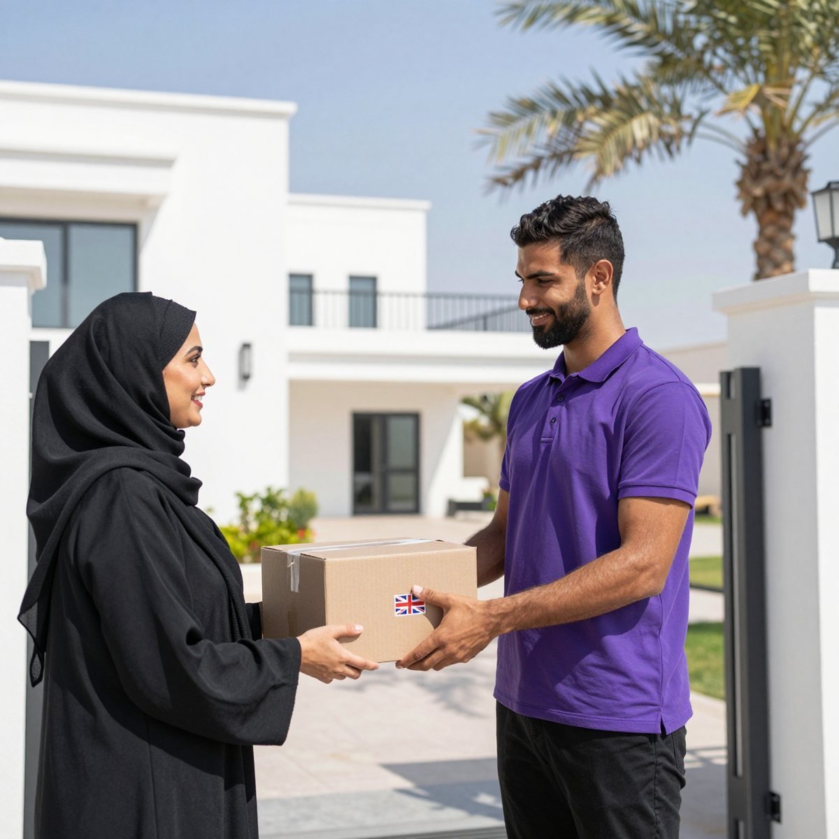 Oreem courier delivering a parcel shipped from the UK to a door in Bahrain after customs clearance