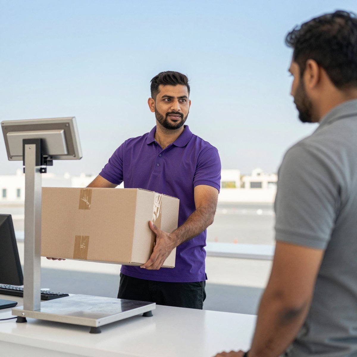 Oreem staff weighing a cargo box to quote the per kg price from Bahrain to India